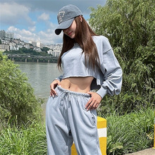 2025春秋新款韩版ins显白天蓝圆领高腰显瘦短款休闲运动卫衣女棉