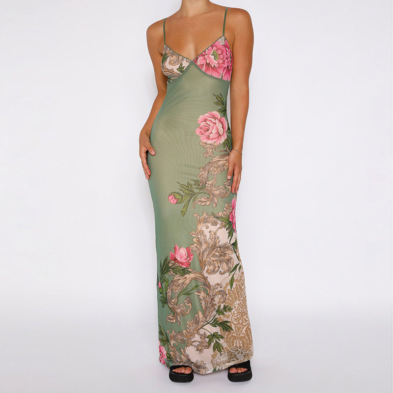 Femmes Robe À Bretelles Vacances Col En V Impression Sans Manches Fleur Maxi Longue Robe Du Quotidien Date display picture 5