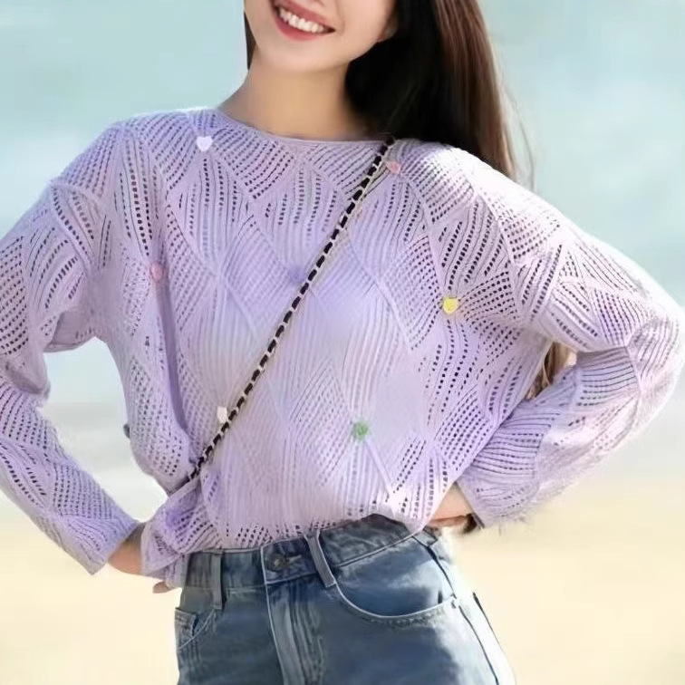春夏新作パープル菱形ニットセーター女性用ゆったりとしたファッショナブルなボタン付き長袖プルオーバーラウンドネック春用透かし模様ブラウス|undefined