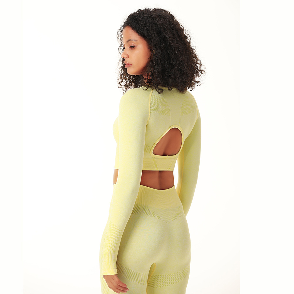 瑜伽套装女运动跑步镂空健身服亚马逊专供纯色瑜伽服长袖瑜伽套装