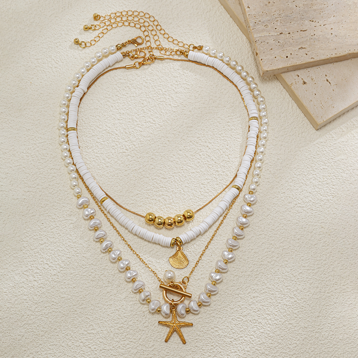CCB, Alloy, soft clay Material Bohemian Starfish Shell Imitation Pearl CCB Alloy Soft Clay Beaded Chain Cable Chain Layered Necklaces Wholesale
