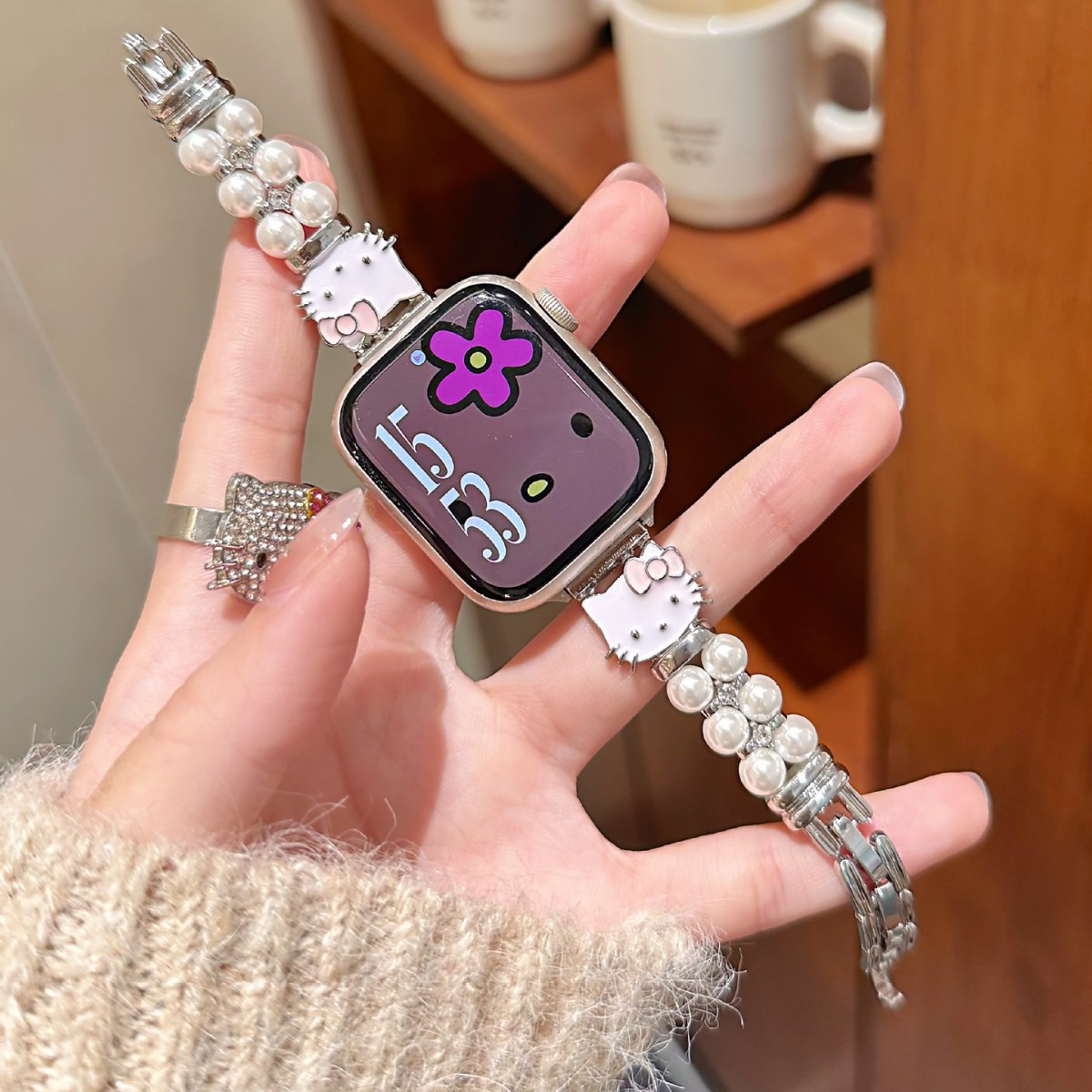 Suitable for Apple S11 Watch Strap Iwatch109876Se Pearl Kt Cat Chain Huawei Gt6 Female Xiaomi 9Pro