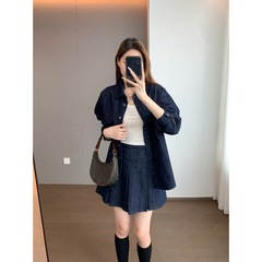 休闲少女显瘦柔软有筋骨感宽松翻领长袖牛仔衬衫百褶短裙套装新款
