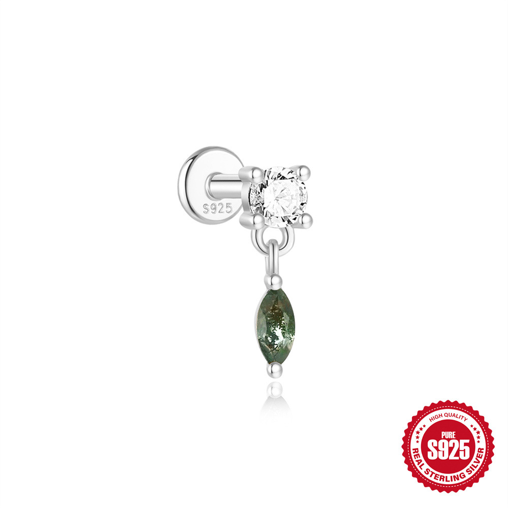 El nuevo s925 simple y moderno hierba de agua natural, uñas de hueso de oreja de ágata, personalidad de lujo ligera europea y americana, pendientes de piedra de musgo verde con incrustaciones