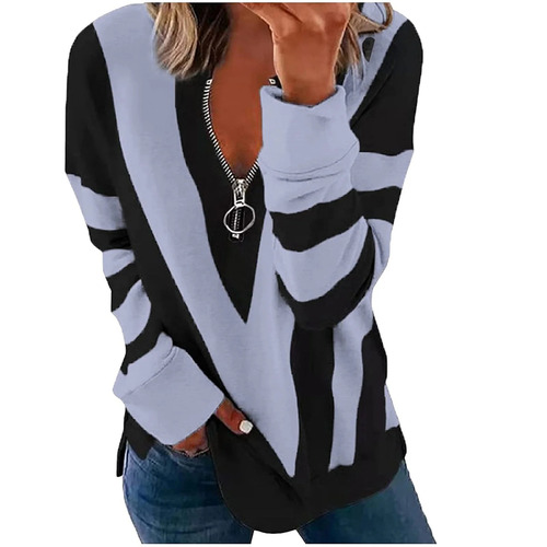 New casual comfortable stylish half-zip polo neck women's top with 3D striped print WF5