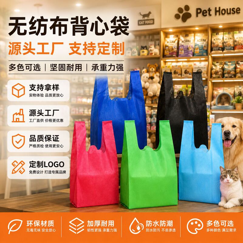 In-stock non-woven vest bags with logo printing, eco-friendly shopping bags for supermarkets, commercial promotional gift bags, custom-made