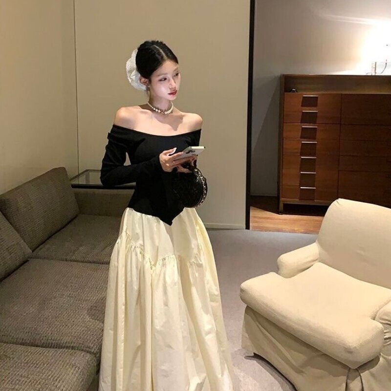 Off-shoulder long-sleeve dress for women, autumn and winter French style birthday party dress, A-line princess long dress Off-shoulder long-sleeve dress for women, autumn and winter French style birthday party dress, A-line princess long dress