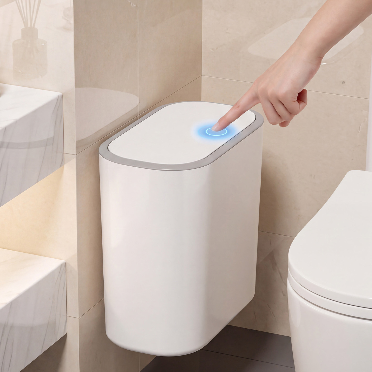 Narrow-slot storage bin with lid, suitable for home use in bathrooms, kitchens, living rooms, and bedrooms; features a press-to-open lid and can be wall-mounted in tight spaces