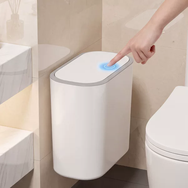 Narrow-slot storage bin with lid, suitable for home use in bathrooms, kitchens, living rooms, and bedrooms; features a press-to-open lid and can be wall-mounted in tight spaces