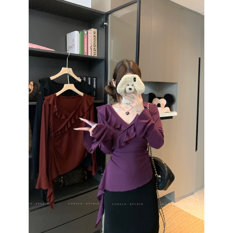 实拍2025秋装新款胖mm大码荷叶边V领长袖T恤辣妹不规则上衣80235|undefined