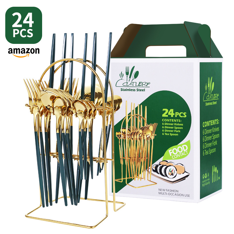 Cuchillo de filete occidental transfronterizo, tenedor y cuchara Amazon Portugal vajilla de acero inoxidable 24 piezas de almacenamiento en rack caja de regalo traje