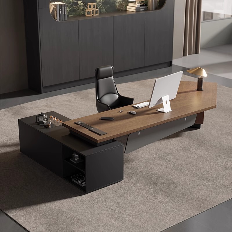シンプルでモダンな高級無垢材デスク、ティーテーブル付き、一体型ボスデスク、エグゼクティブデスク、ライトラグジュアリー、ハイエンド|undefined