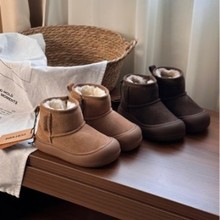 出彩神童2025冬季新款儿童低帮真皮雪地靴韩版女童防踢圆头棉