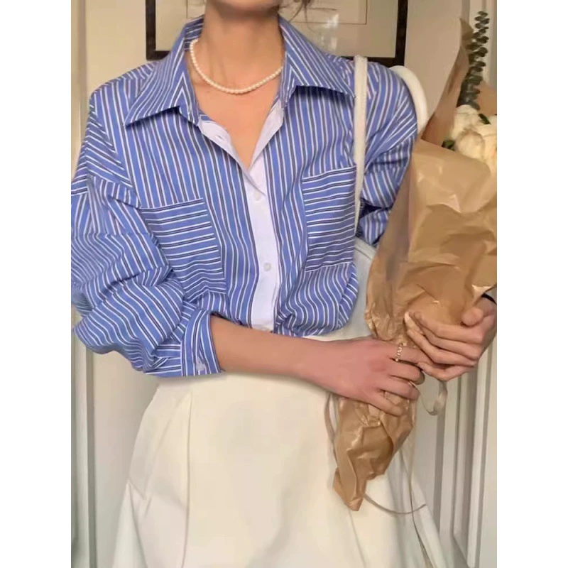 2024 весна и осень ретро темперамент отворот двойной карманный свободный дикий классический цвет с длинными рукавами в полоску рубашка женщина