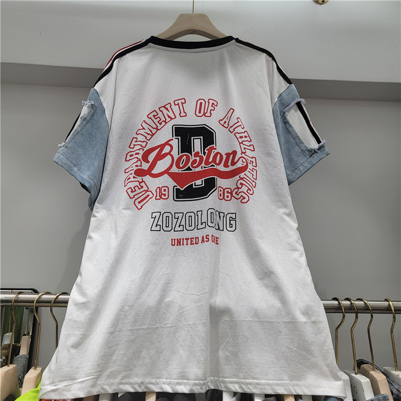 Casual camiseta europea para mujeres verano nuevo diseño de botón de empalme vaquero letras impresión de cuello redondo camisa de manga corta moda