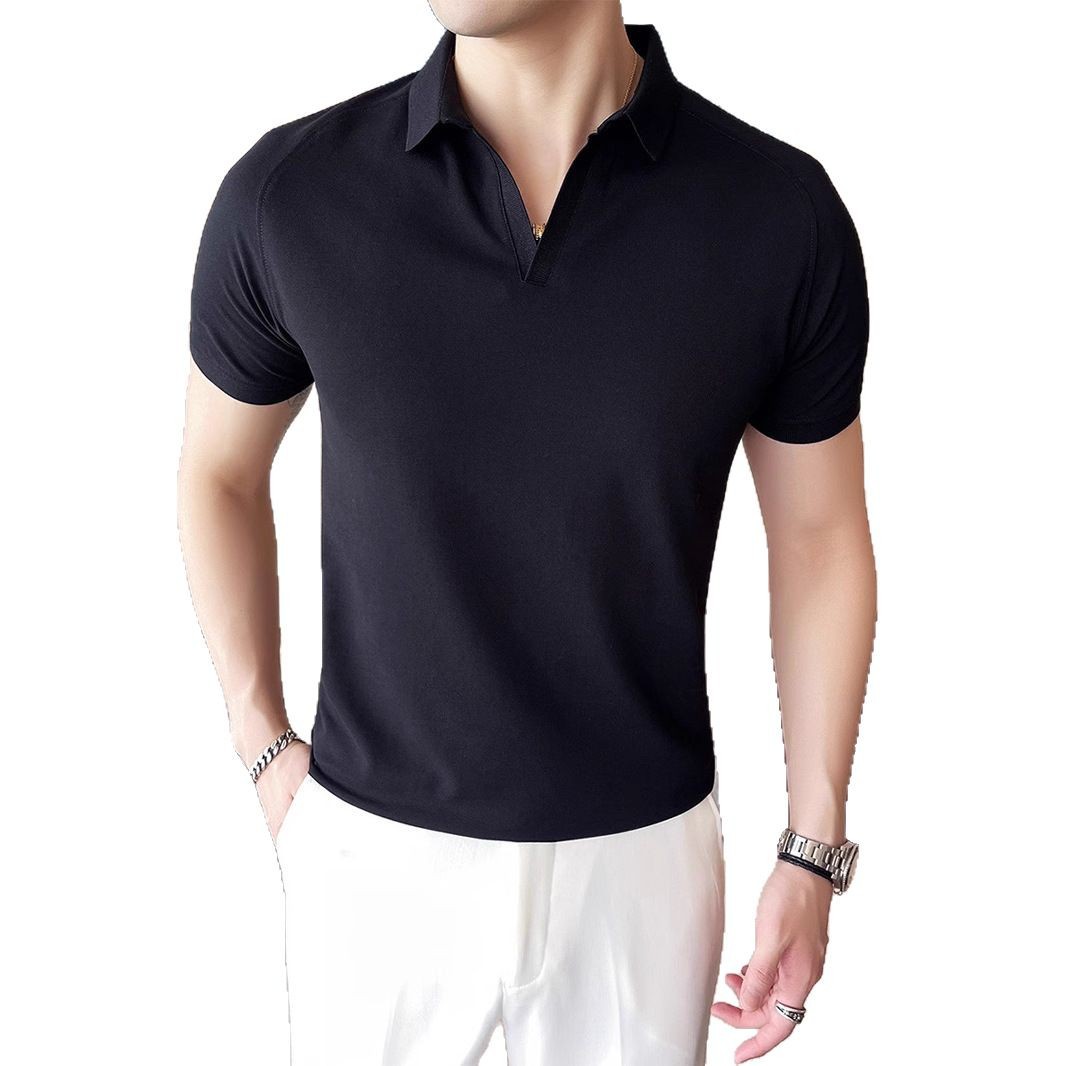2025 New British Elegant Short-sleeved Polo Shirt Men's Slim-fit Solid Color Half-sleeved Trendy Lag T-shirt Men's New Arrival