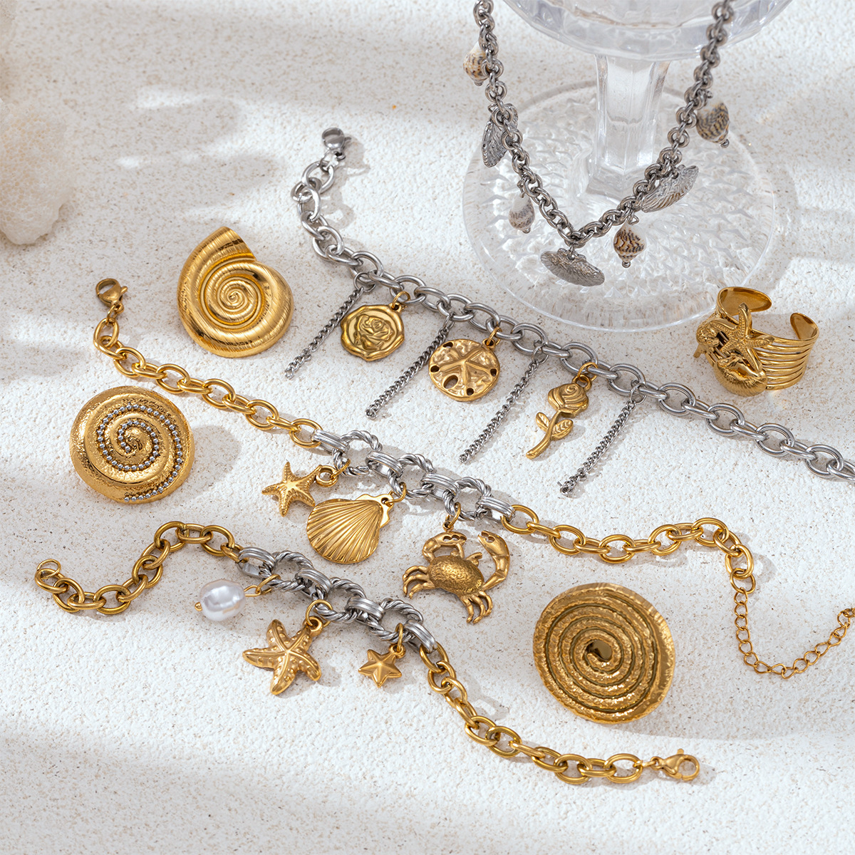 TENA Europa y América collar de acero inoxidable lujo ligero nicho oro y plata de dos colores mar playa viento conjunto de joyas productos de venta calientes