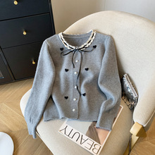 灰色蕾丝边菱格爱心毛衣女冬款韩系系带蝴蝶结针织开衫小香风外套