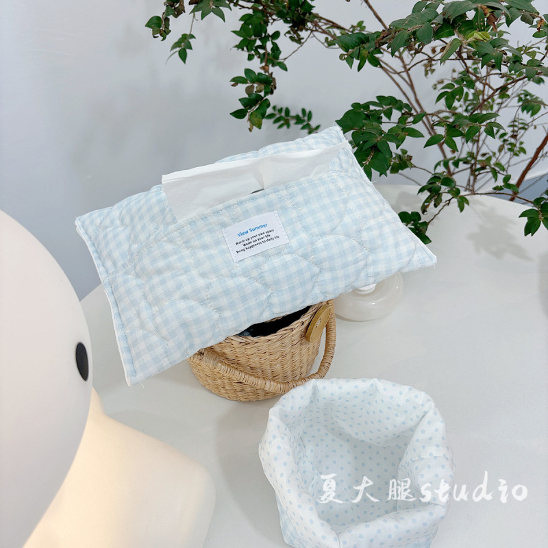 Ins-Style Quilted Pink and Blue Plaid Handmade Tissue Box for Bedside, Bathroom, and Car Use Fabric Tissue Cover