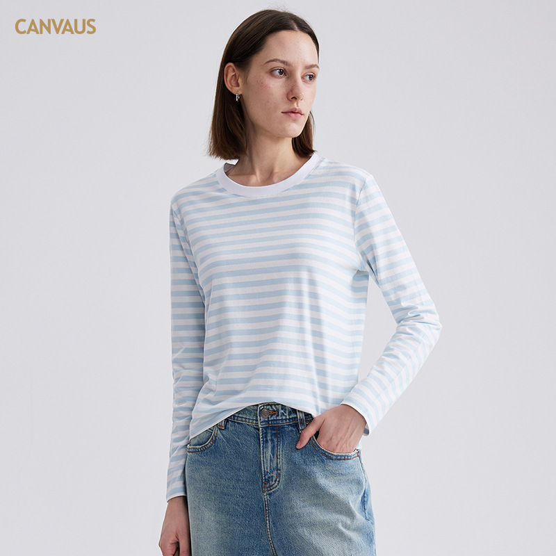 Canvaus Spring and Autum New Simple Long-Sleeved T-Shirt Loose Women's Bottoming Shirt Preppy Style Slim Stripesd Top