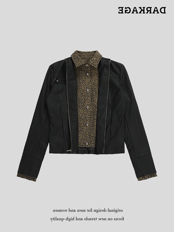 Leopard Print Fake Two-Piece Lapel Jacket for Women 2025 Autum New American Retro Casual Neutral Style Leather Jacket