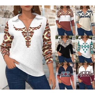 Cross-border supply autumn and winter New Amazon European and American zipper lapel long sleeve Western pattern style cardigan