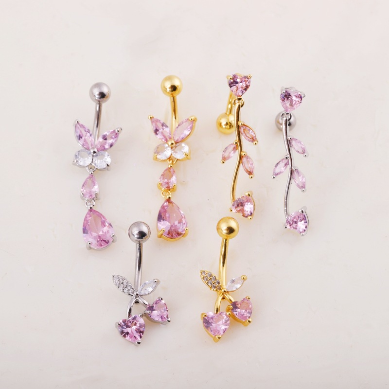 Sexy Inverted Peach Heart Long Navel Ring Marquise Belly Ring Set Copper Gold 2025 Summer detail image 13