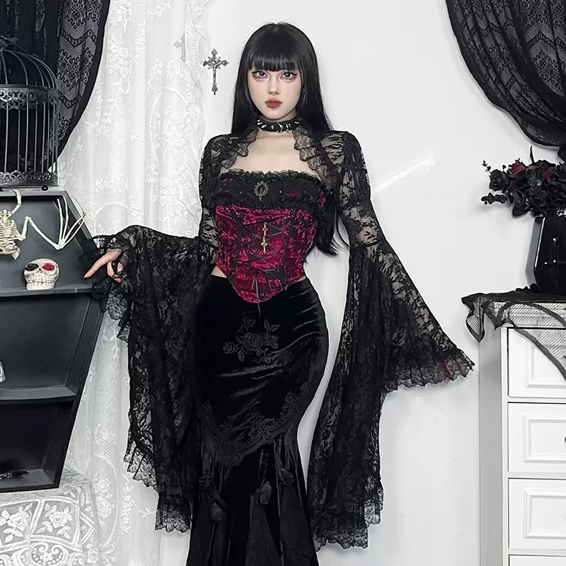 CF24254宫廷风复古蕾丝长袖罩衫上衣 欧美风复古宫廷风抹胸上衣女