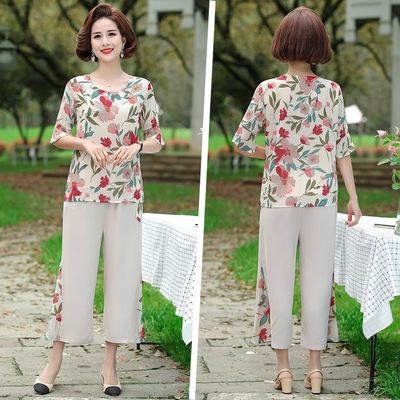 妈妈夏装洋气套装中年女时尚印花上衣中老年人夏季短袖雪纺T恤衫