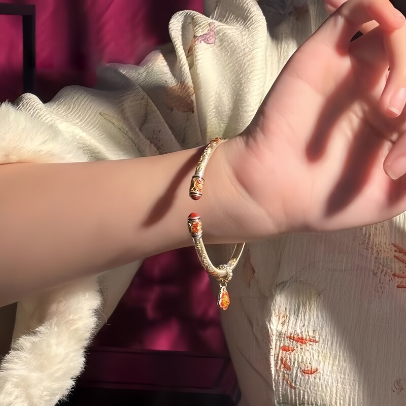 描金珐琅银手镯新中式锦上添花手镯国风高级轻奢开口白铜手镯|undefined