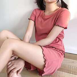 凉凉木耳边套装圆领短袖短裤两件套冰丝女睡衣休闲时尚家居服套装