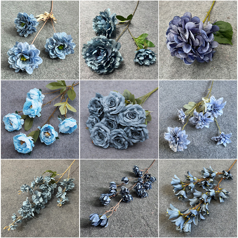 Bleu mariage fleur artificielle fleur artificielle salle de mariage Route plomb arrangement floral décoration floral brume bleu soie fleur décoration en gros