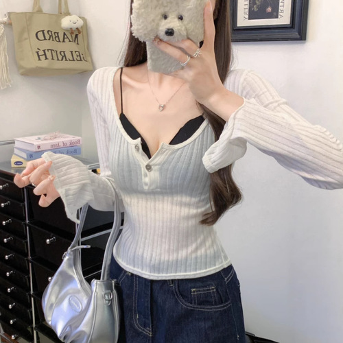 898# new summer sunscreen clothes thin long-sleeved T-shirt versatile layered waist design button cardigan top