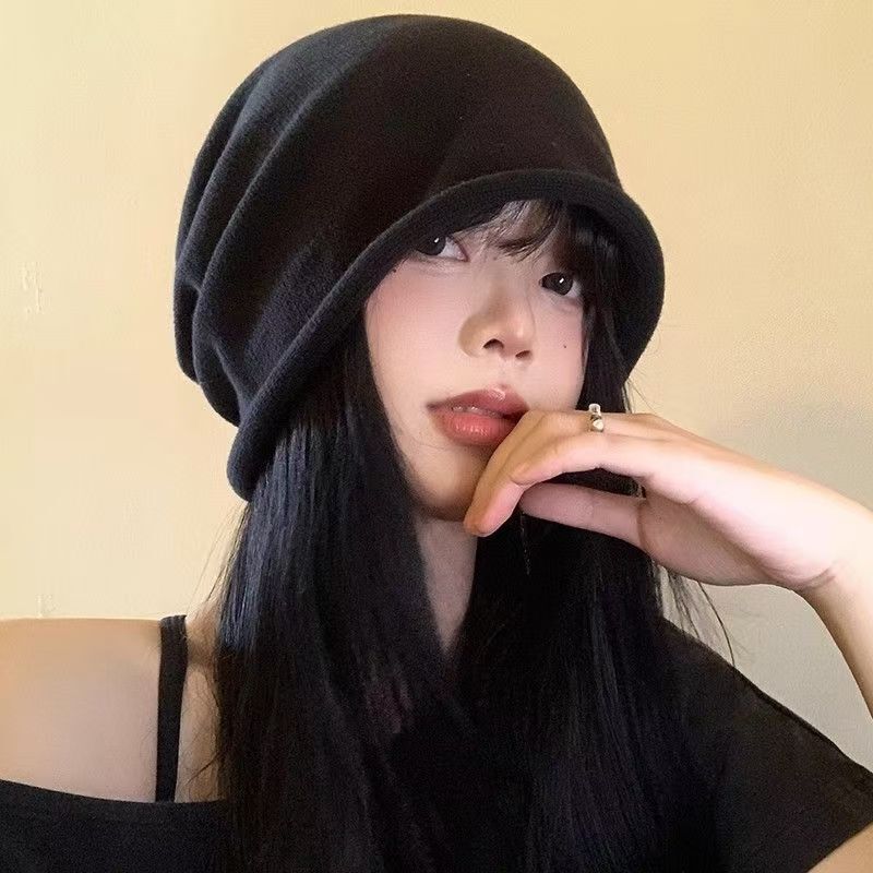帽子女秋冬季抽绳堆堆帽显脸小毛线帽保暖防寒针织卷边百搭包头帽|undefined