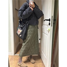 23810春季中长款加绒加厚工装棉裙美式复古军绿色高腰显瘦夹棉半