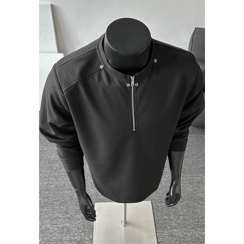 T-shirt a maniche lunghe da uomo in maglia waffle con mezza zip e patchwork destrutturato, vestibilità pulita, stile americano di tendenza, pesante, primavera._voghion.com
