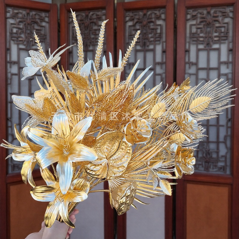 金色仿真花福桶材料包年宵花新年金花桶冬青红果发财果尤加利叶