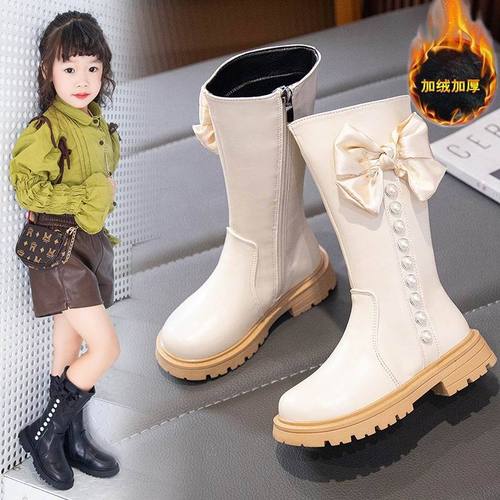 Girls cotton boots children's fashion princess bow pearl  autumn and winter new style children's plus velvet warm high tube