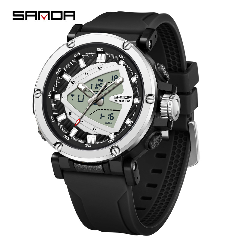 SANDA 9052 estudiantes deportivos impermeable reloj despertador reloj electrónico de moda moda hombre reloj puntero