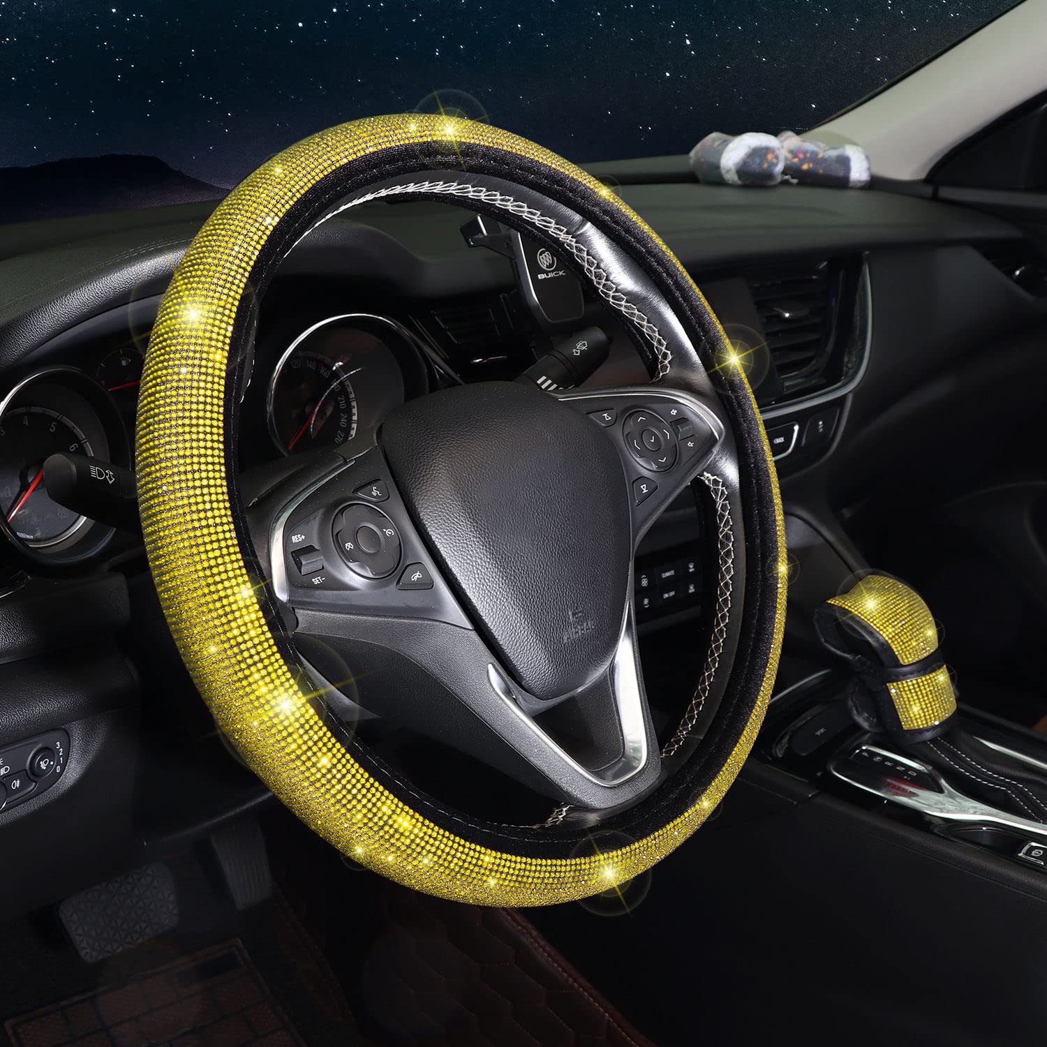 8-Piece Car Diamond-Encrusted Decorative Set: Steering Wheel Cover, Ignition Ring, Seat Belt Shoulder Pads, Cup Mat, Gear Shift Cover