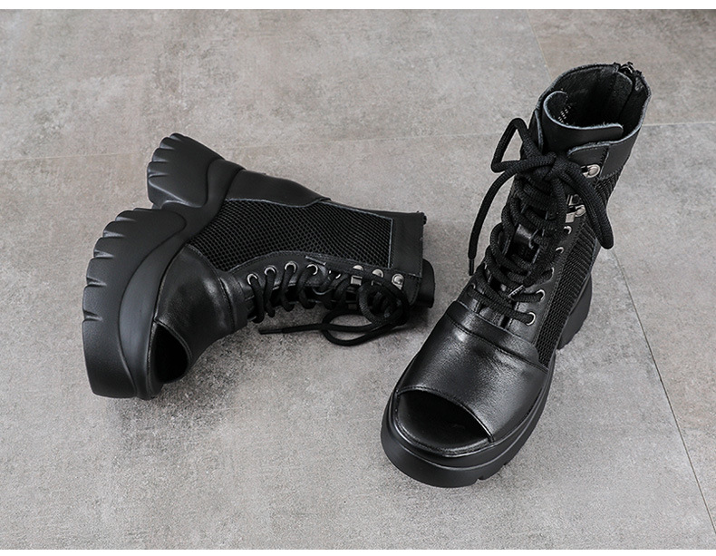 Sandal da bò cao gót 9 cm quai buộc dây hở mũi — màu đen chi tiết 11