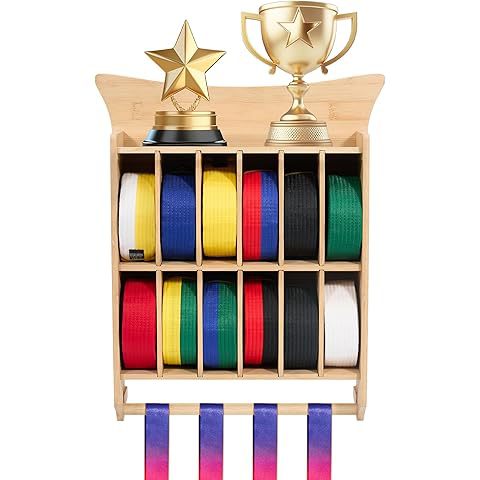 Solid Wood Taekwondo Belt Rack Multi-Grids Karate Belt Storage Rack Wall-Mounted Trophy Medal Display Wooden Rack