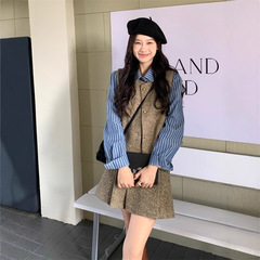 2025新小香风马甲条纹衬衫上衣女百褶半身短裙秋长裙套装女三件套
