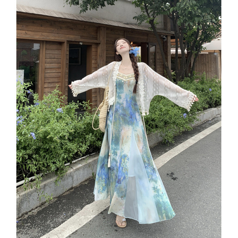 旅行服カーディガンサスペンダースカートスーツプラスサイズブルー気質ブルーミングプリントウエストドレス女性用|undefined