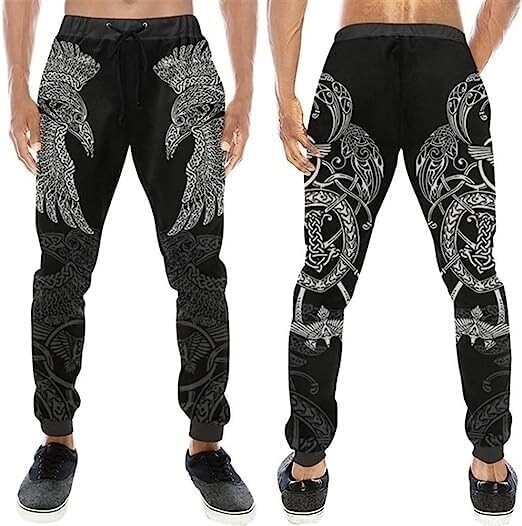 2025 New Ethnic Style Viking Crow Totem Printed Men's Trousers Sports Casual Pants Loose Sweatpants Harlan Pants