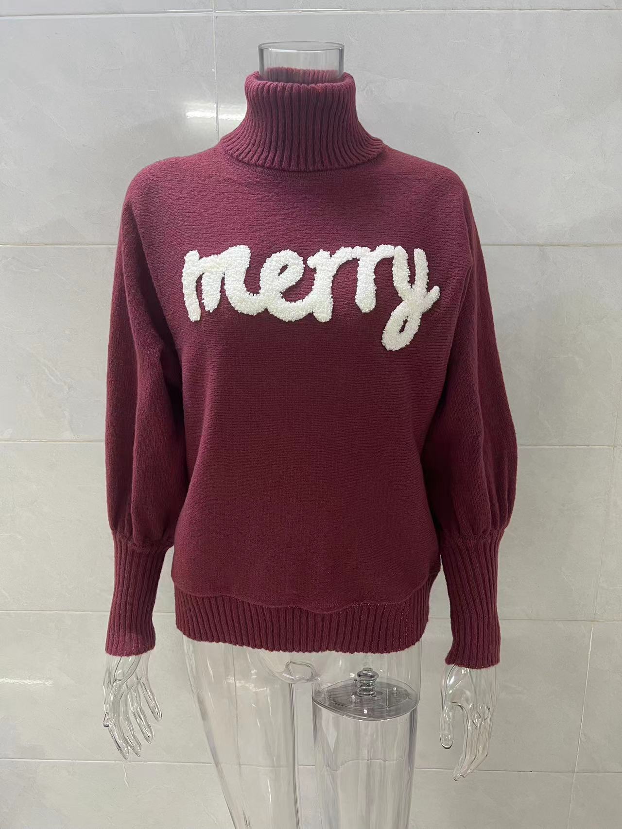 350g Weight Long Sleeve Sleeve Length Pullovers Placket Type Batwing Sleeve Sleeve Type Polyester, Polyacrylonitrile Fiber Fabric Type Long Top Length Sweater Tops Type Daily Occasion Turtleneck Neckline Loose Fit Type Christmas Festival Letter Pattern Winter, Autumn Season Women's Gender Embroidery Design Streetwear Style Wholesale Women's Streetwear Letter Long Sleeve Embroidery Sweaters & Cardigans 35