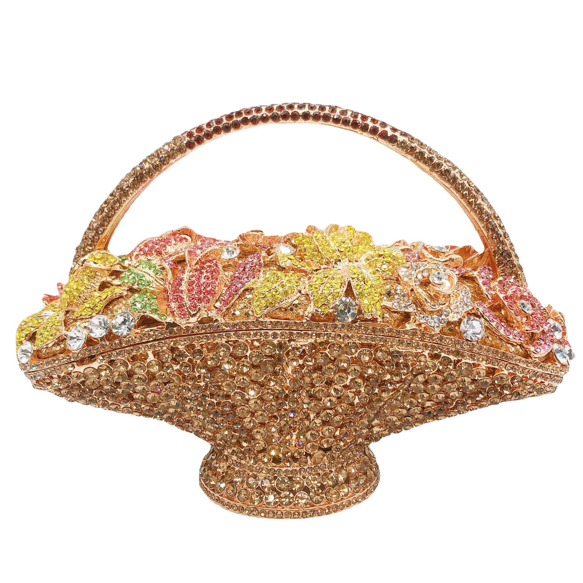 Túi clutch nữ đính kim cương giả hình giỏ hoa, xách tay dự tiệc, đeo chéo một bên vai — 1 # màu hồng, 2 # vàng trắng, 3 # màu bạc, 4 # Champagne
