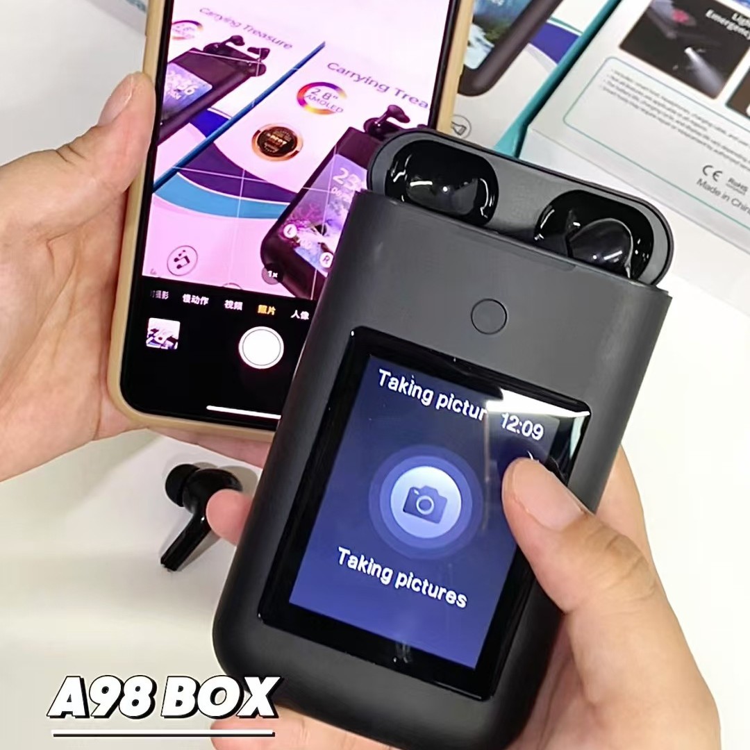 Dispositivo inteligente A98 BOX auriculares Bluetooth cargador tesoro de pantalla multimedia de 2.8 pulgadas fuente de alimentación 3 en 1