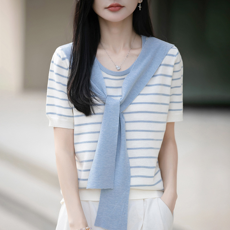 2026 Spring Thin Women's Wool Knit Sweater Round Neck Short Sleeve Striped Shawl Fake Two-Piece Korean Style Foreign Trade Wholesale