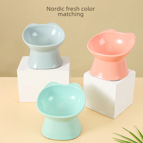Tall cat bowl Pipitao Nordic style tilted cartoon neck protector to prevent overturning plastic heightening to prevent cervical spondylosis for pets